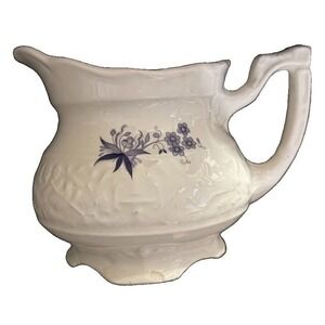 Vtg White embossed Porcelain Creamer Blue Floral Unmarked Farmhouse Cottage